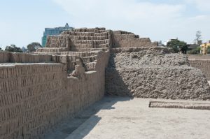 Pyramid of Huaca Pucllana on a sunny day in Peru.